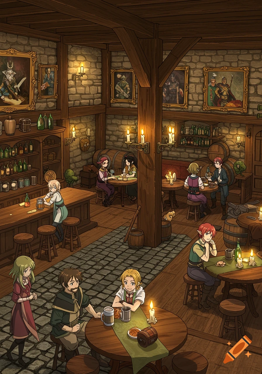 An anime-style fantasy tavern interior filled with patrons, stone walls, wooden beams, paintings, and candlelight.
