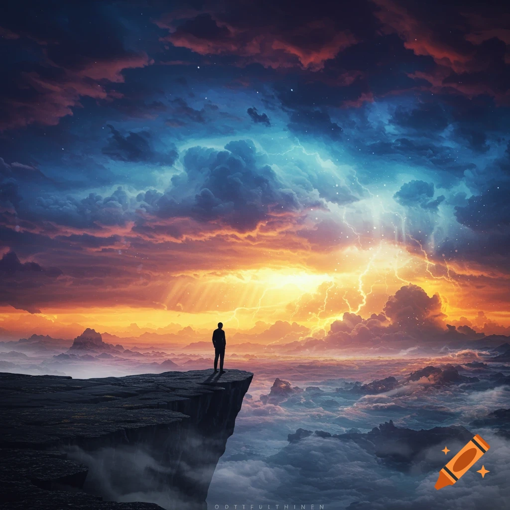 A lone figure on a cliff overlooks a vast cloudscape under a dramatic ...