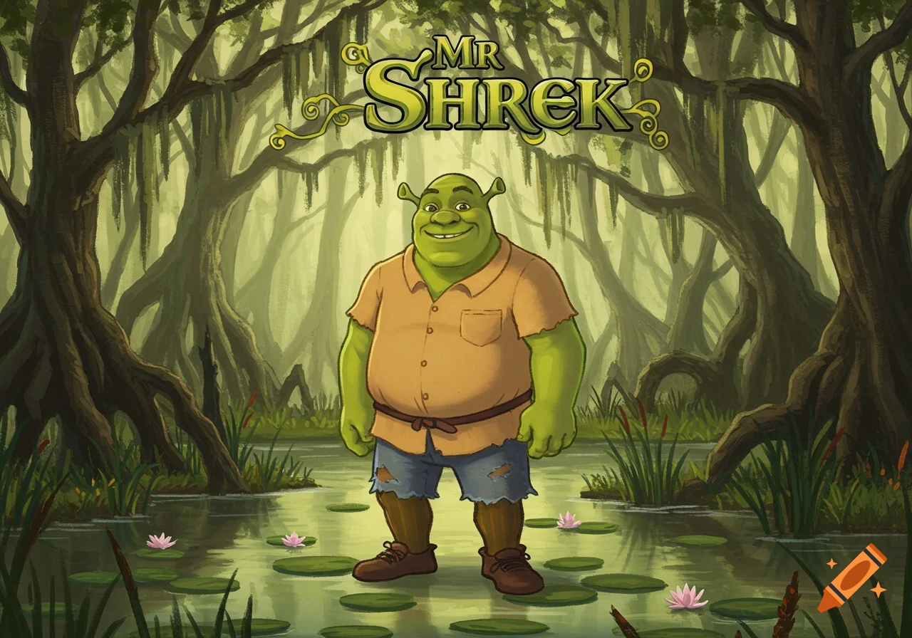 A smiling green ogre-like character (Shrek) in a swamp, wearing an orange shirt and ripped shorts, with 'MR SHREK' text. Cartoon style.