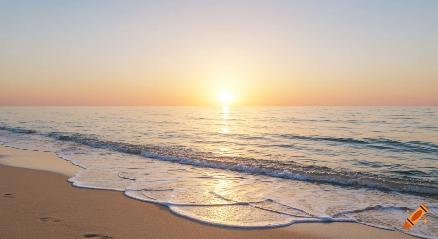 Photorealistic image of a serene beach at sunrise, with soft golden light reflecting on the tranquil ocean waves and wet sand.