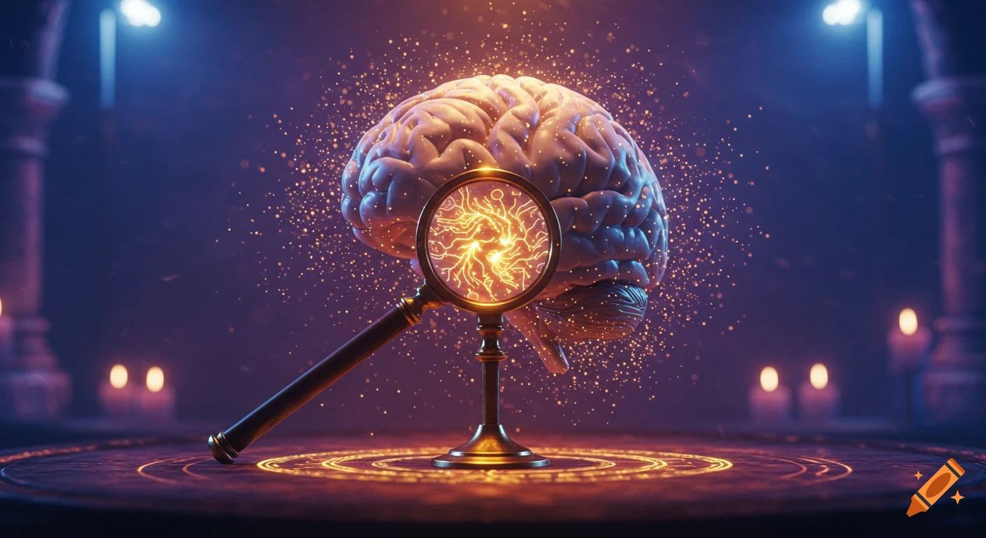 A magical, glowing brain floats in a dreamy fantasy world, magnified by an ancient golden glass revealing neural patterns, with mystical lights.