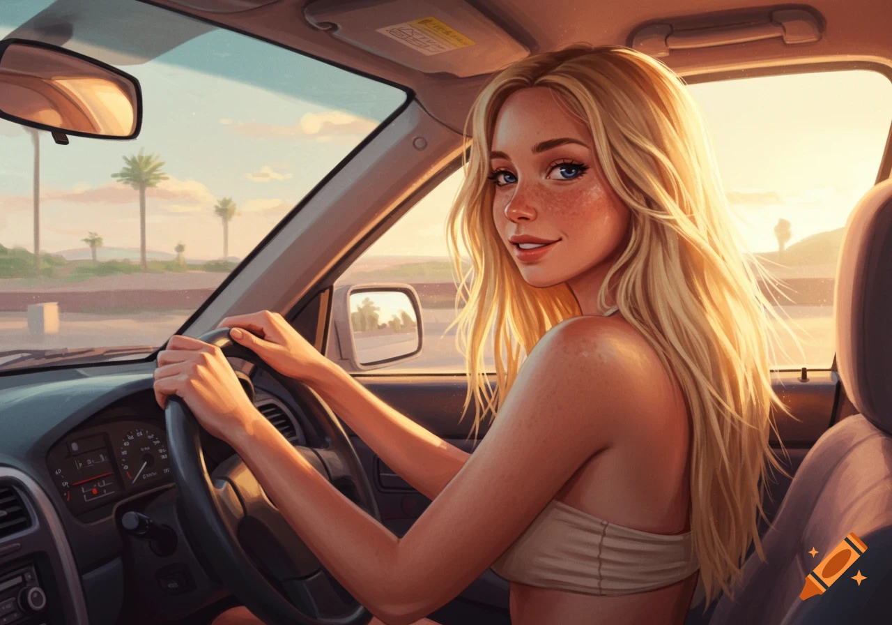 Close-up illustration of a smiling blonde woman with freckles, wearing a strapless bikini, driving a car at sunset.