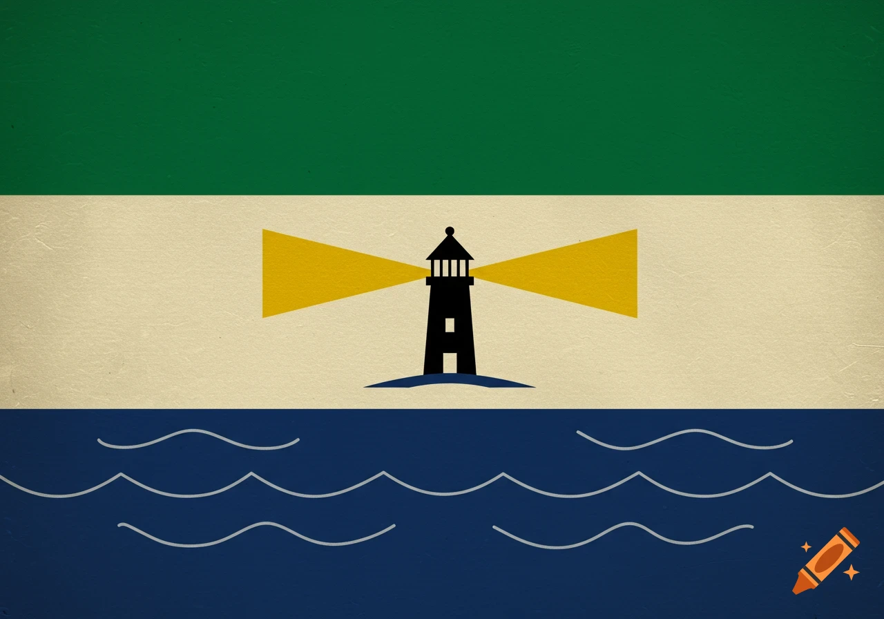 A stylized flag with a green top, creamy white middle with a black lighthouse, and deep navy blue bottom with white waves.