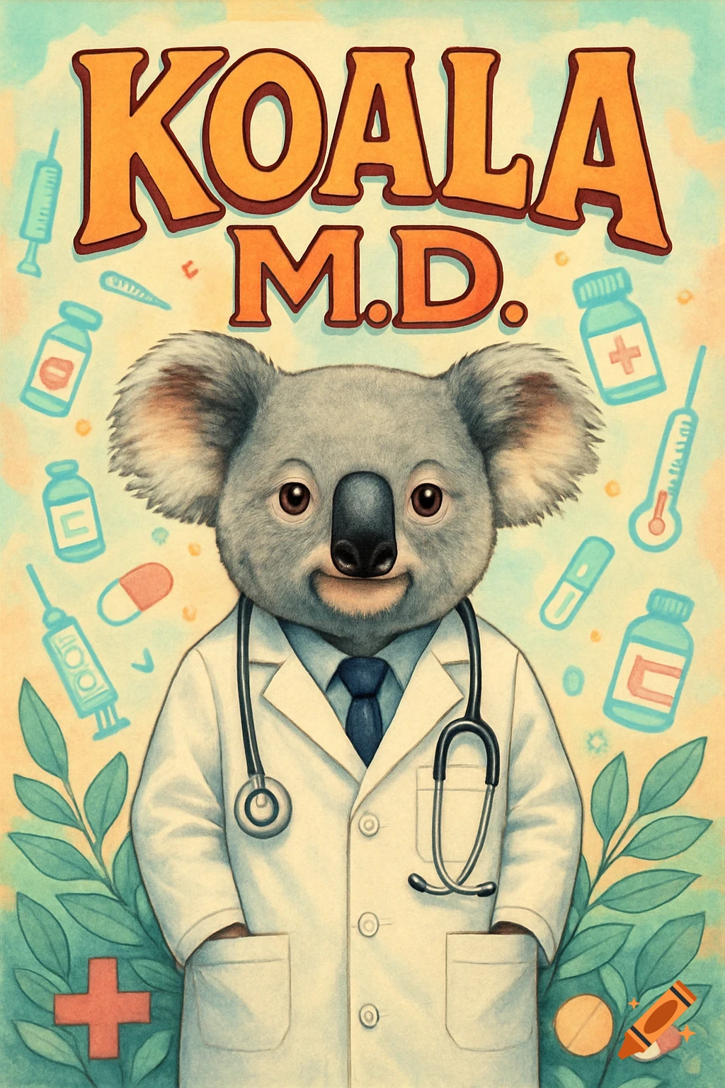 A cartoon poster of a koala wearing a doctor's lab coat and stethoscope, surrounded by medical symbols, with "KOALA M.D." text at the top, in a vintage illustration style.