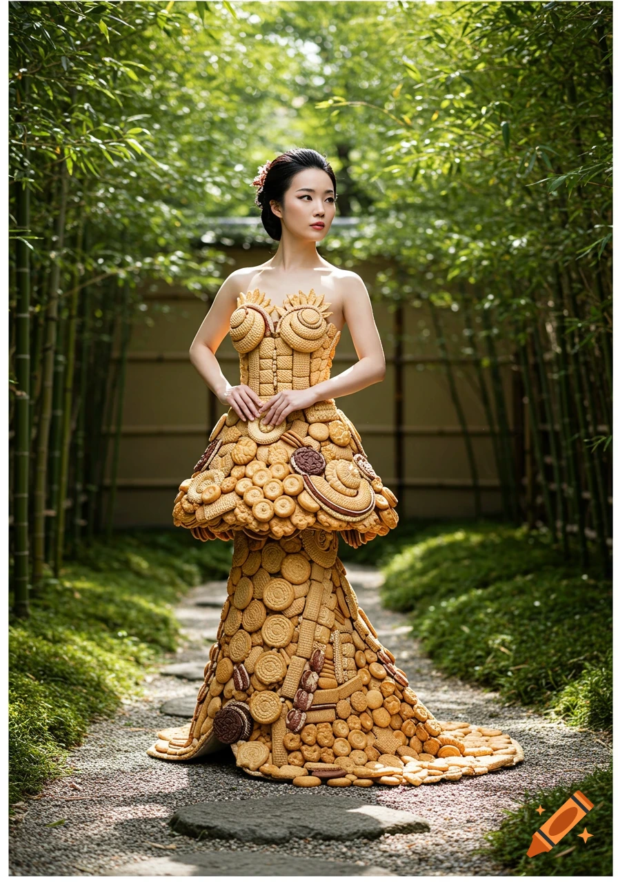 Photorealistic portrait of a Japanese woman wearing an intricate dress made entirely of various cookies and biscuits, in a bamboo garden.