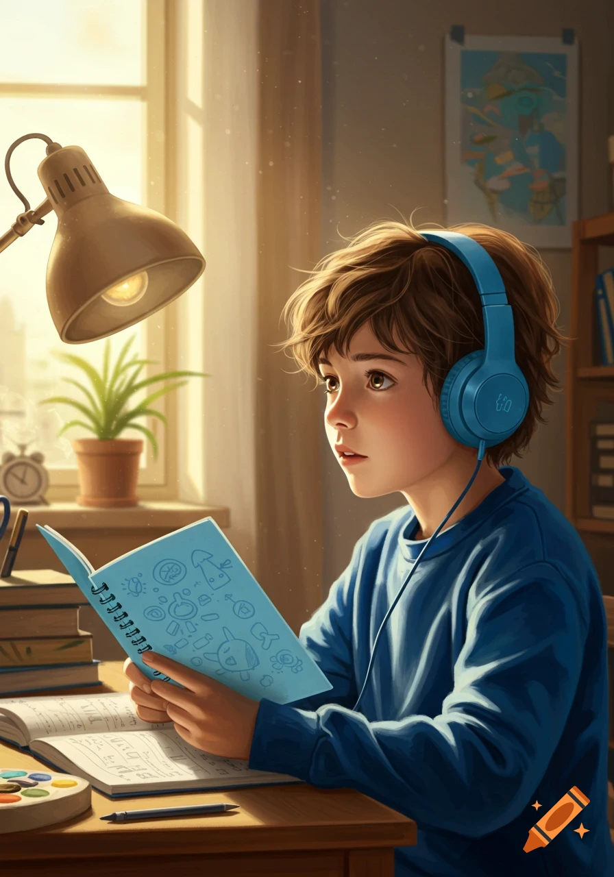 An illustrated boy with brown hair and blue headphones looks up while holding a light blue notebook at a wooden desk under a lamp.