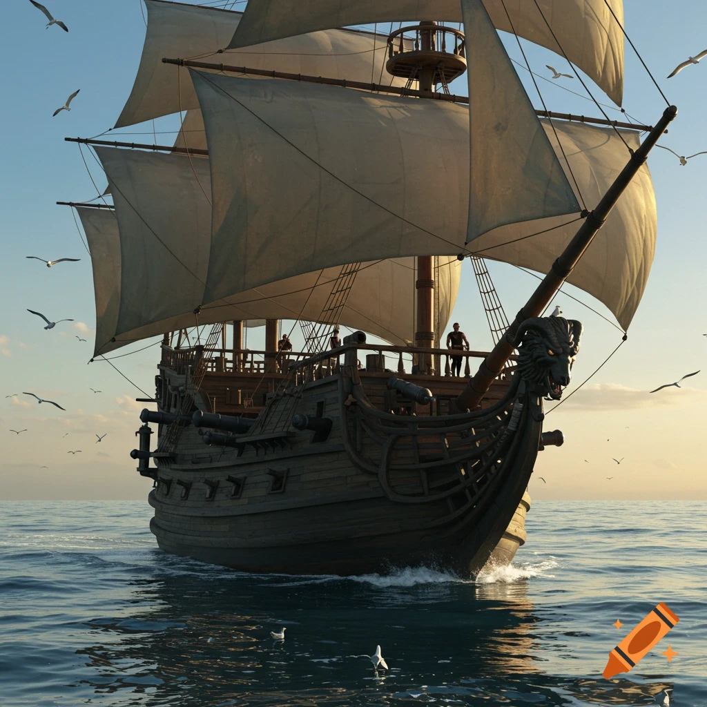 A large, detailed pirate ship with multiple sails and cannons navigates calm blue waters under a clear sky, with seagulls flying around.