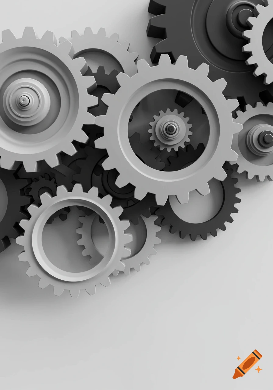 Close-up of interlocking gray and dark gray gears on a light background.
