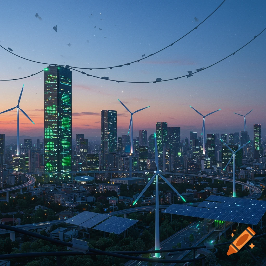 Futuristic cityscape at dusk with green-lit skyscrapers, wind turbines, and solar panels, showcasing renewable energy.
