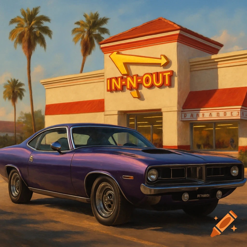 A purple 1971 Plymouth Barracuda in front of an In-N-Out Burger restaurant with palm trees, rendered in a painterly style.