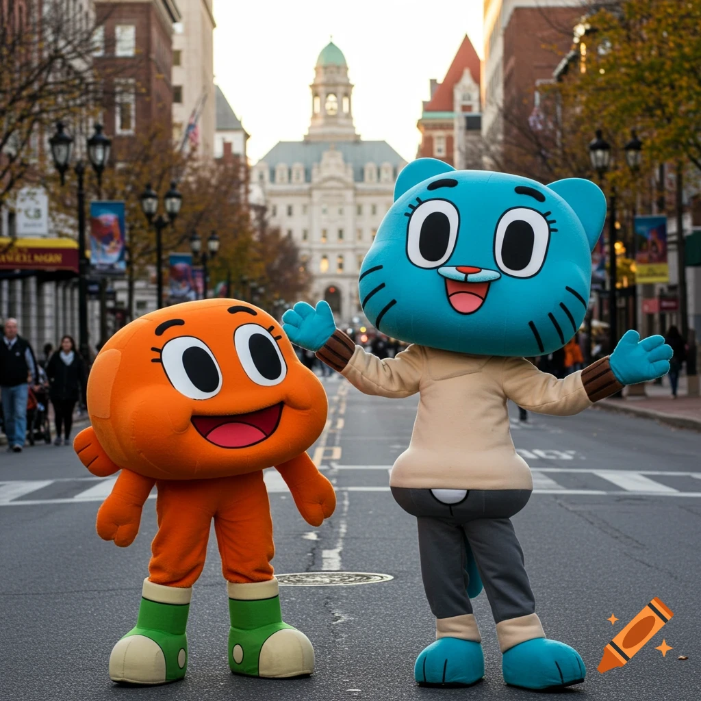 Two large Gumball and Darwin Watterson mascot characters stand smiling in the middle of a city street with buildings in the background.