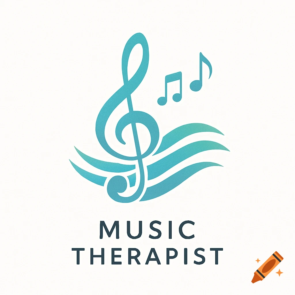 A blue-green gradient logo featuring a treble clef and musical notes above wavy lines, with the text "MUSIC THERAPIST" below.