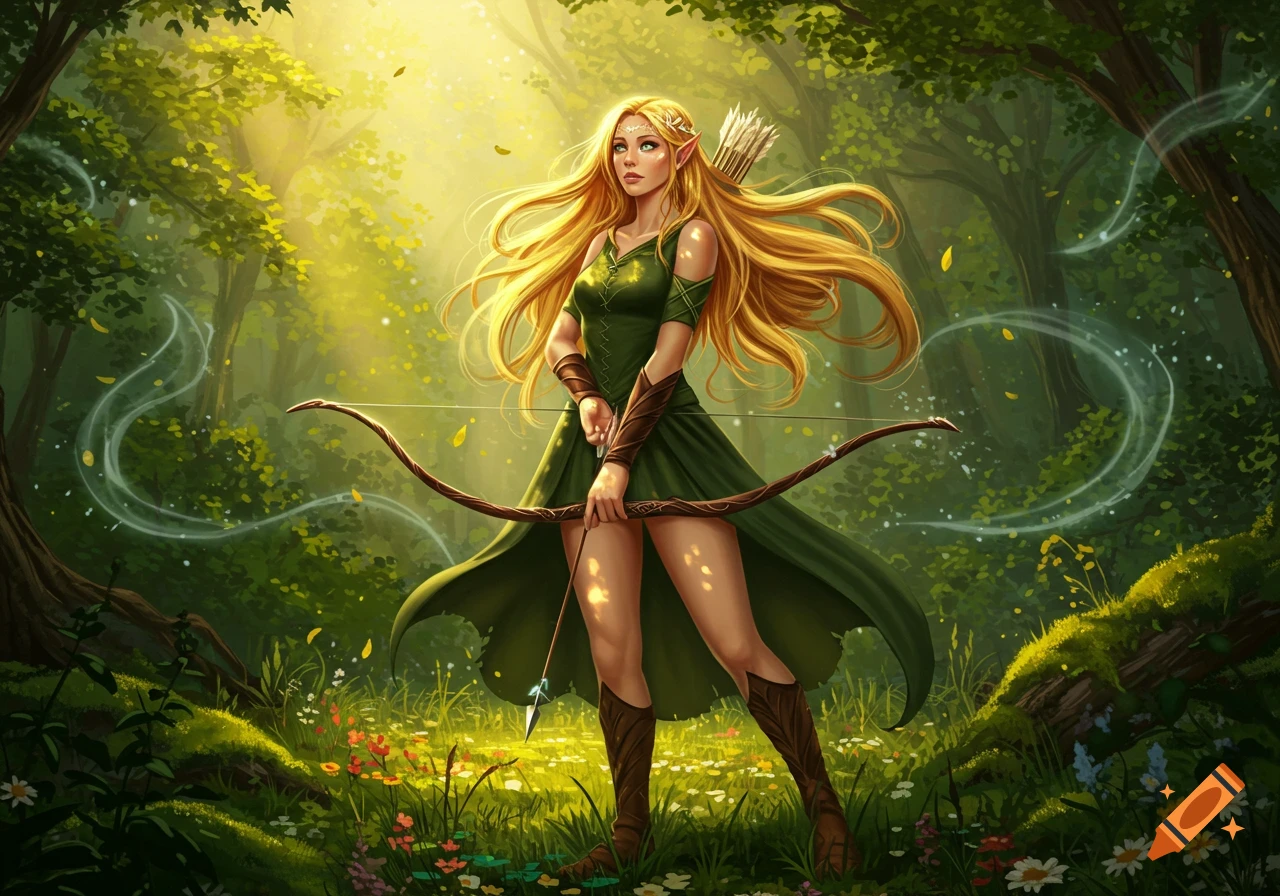 An elf archer with long blonde hair, holding a bow and arrow, stands in a sunlit, lush green forest.