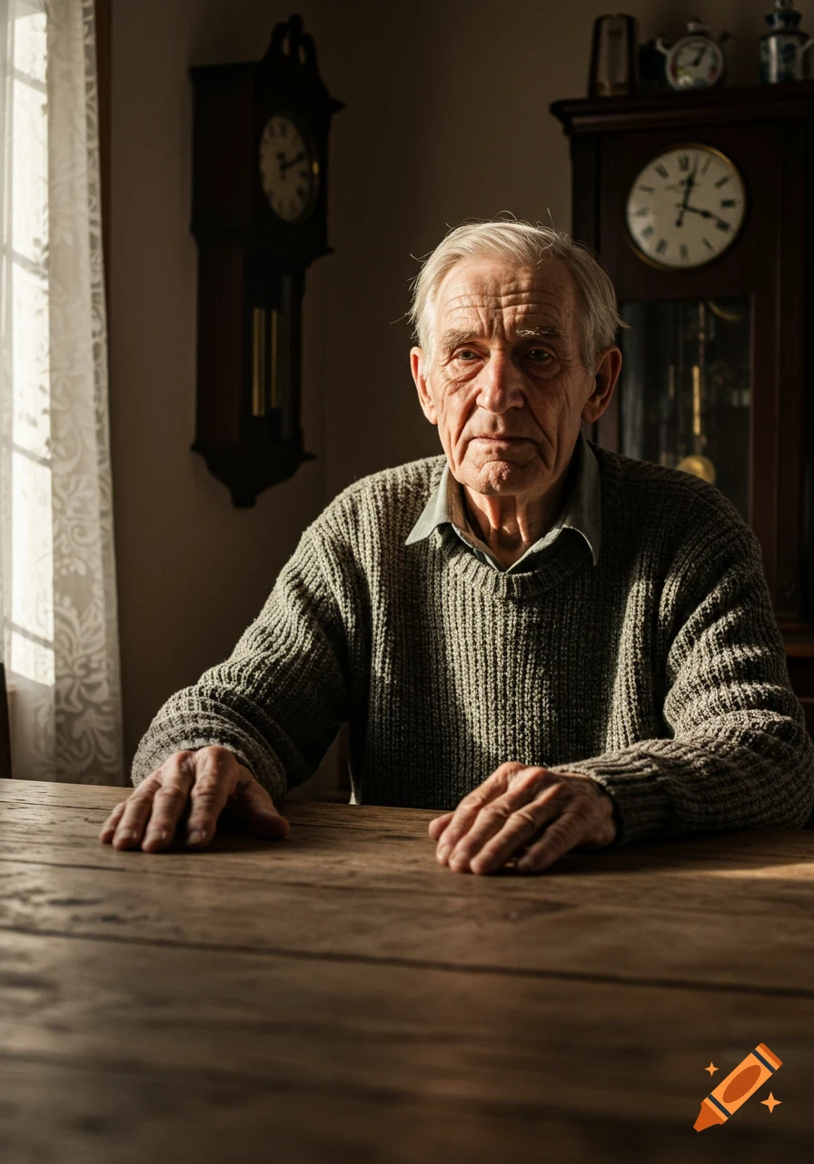 A close-up photorealistic portrait of an elderly man with white hair, wearing a green sweater, sitting at a wooden table, looking directly forward. Clocks are visible in the dimly lit background.