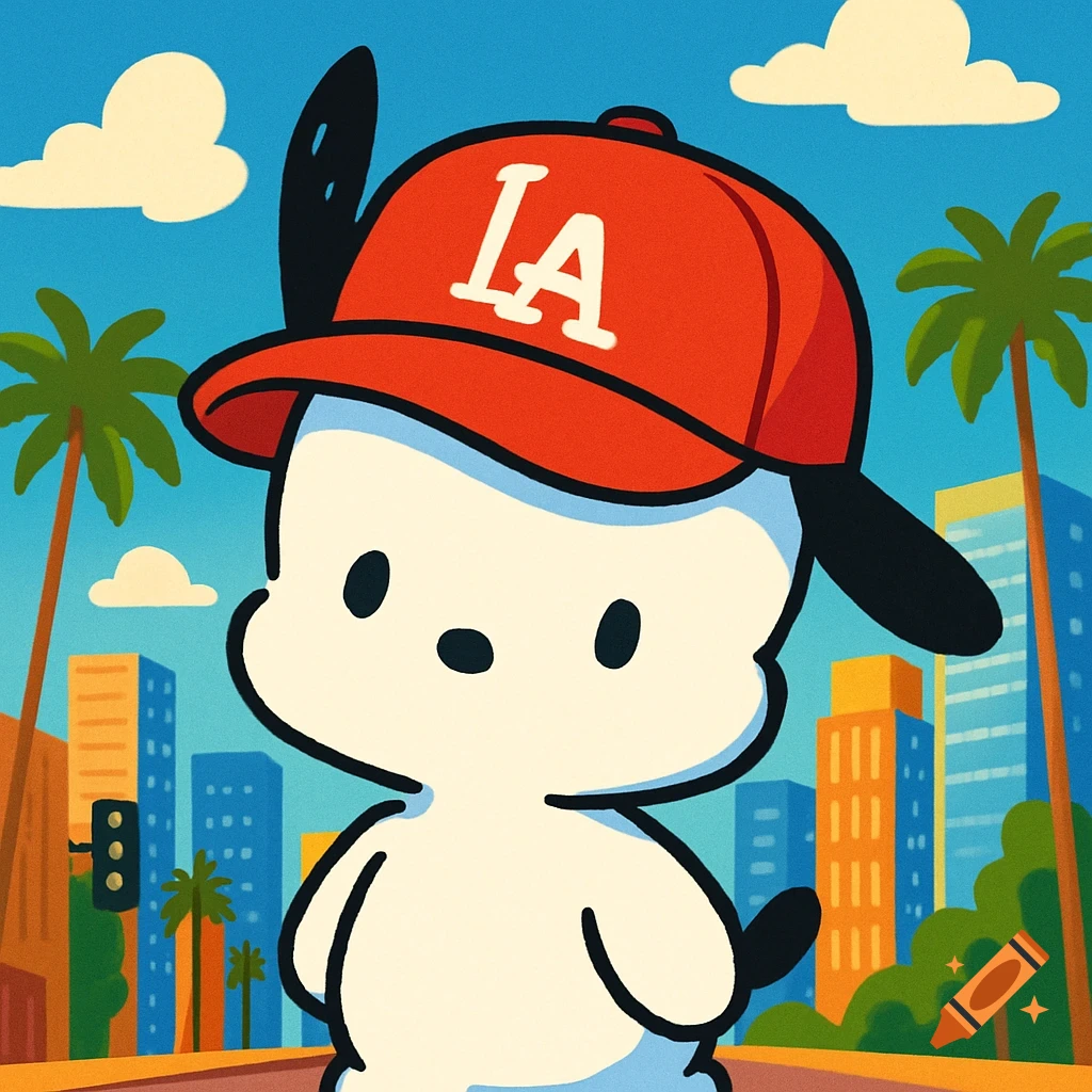 Pochacco, a white cartoon dog, wears a red LA baseball cap in a cartoon cityscape with palm trees.
