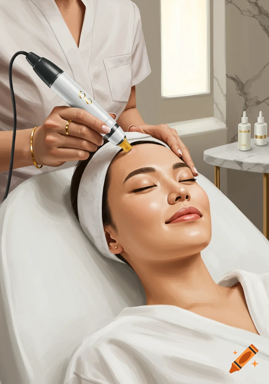 A woman with closed eyes smiles contentedly while receiving a microneedling facial treatment from a professional in a bright room.