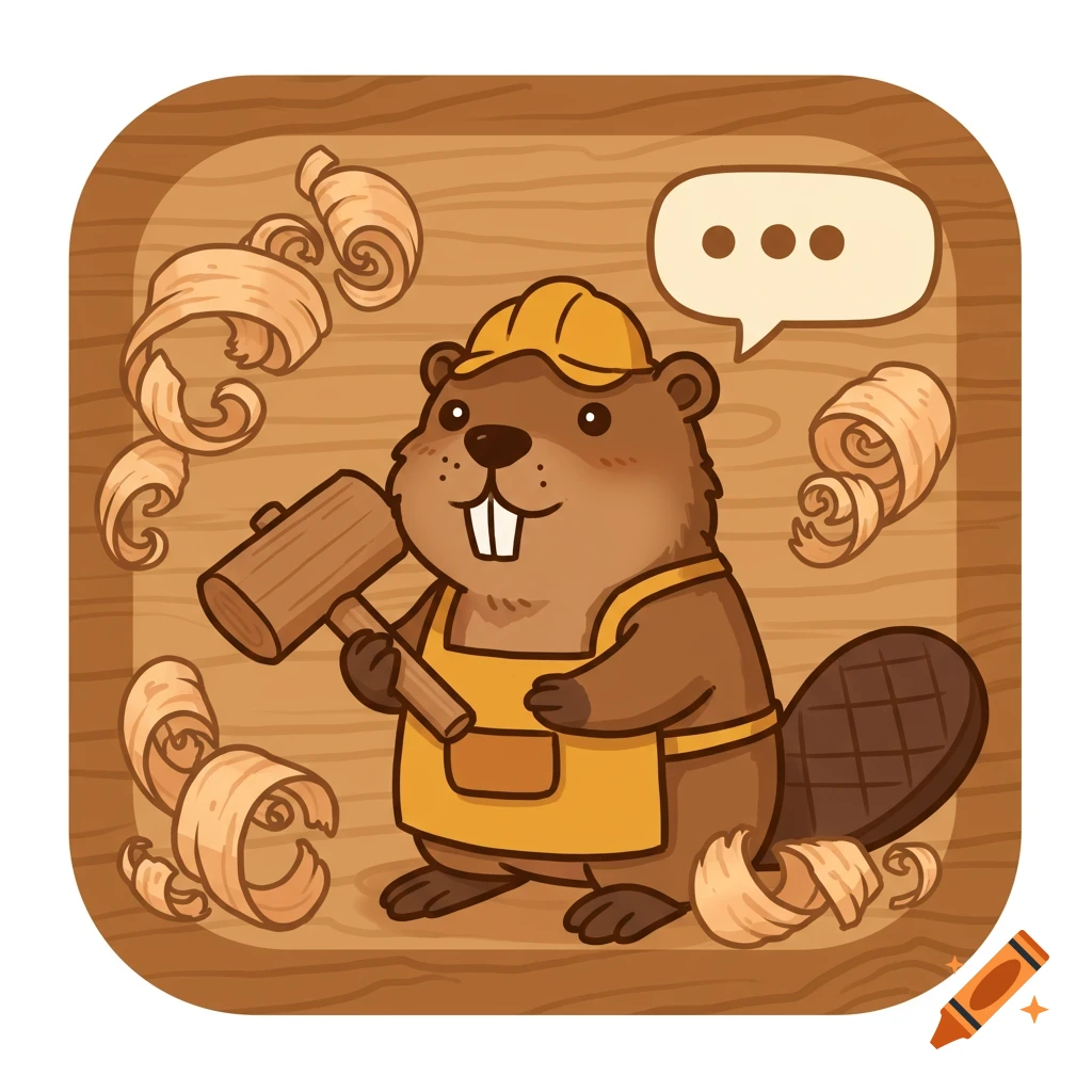 A cute cartoon beaver in a yellow hard hat and apron holds a mallet, surrounded by wood shavings on a wooden background, with a speech bubble showing three dots.