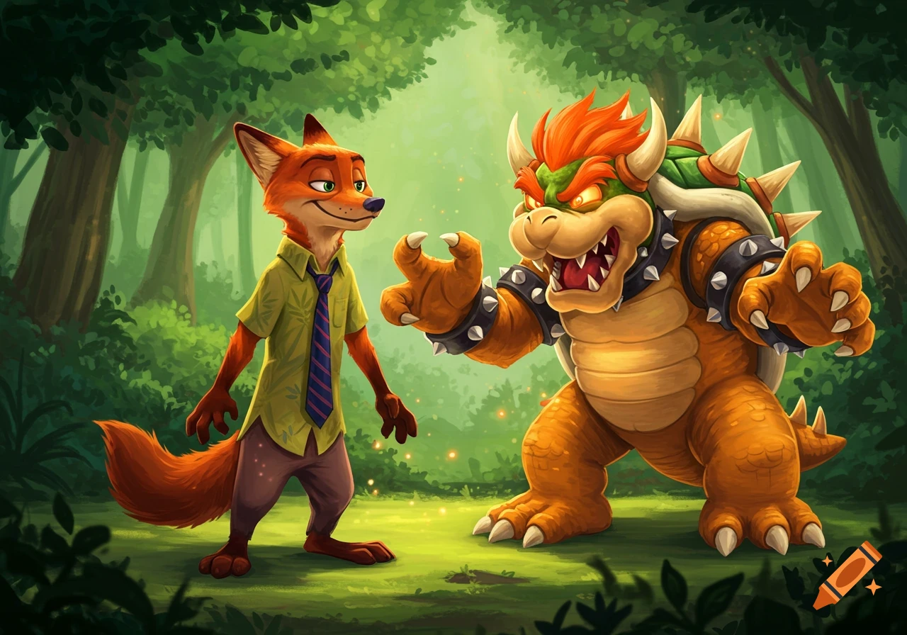 Nick Wilde from Zootopia stands in a forest, facing a menacing Bowser from Super Mario. Cartoon style.