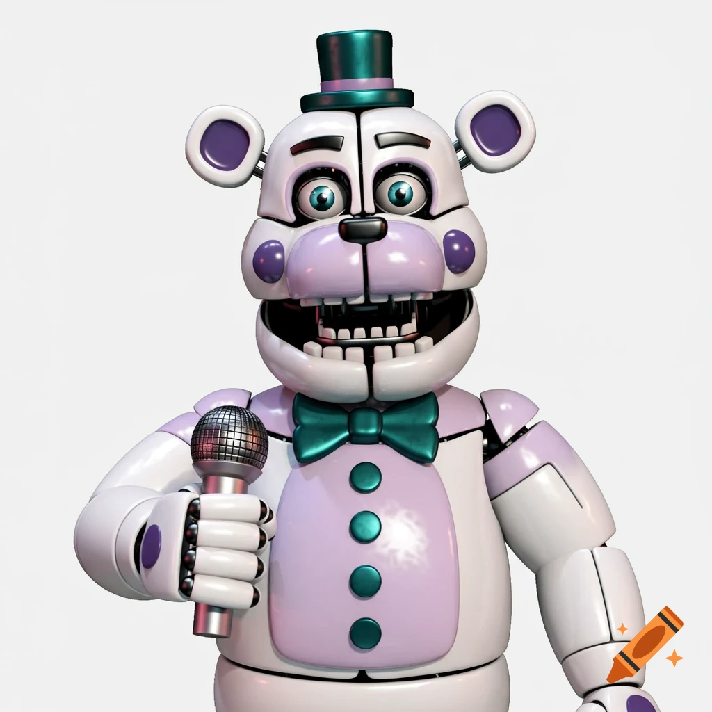 A 3D render of a white animatronic polar bear in the Five Nights at Freddy's style, holding a microphone against a white background.