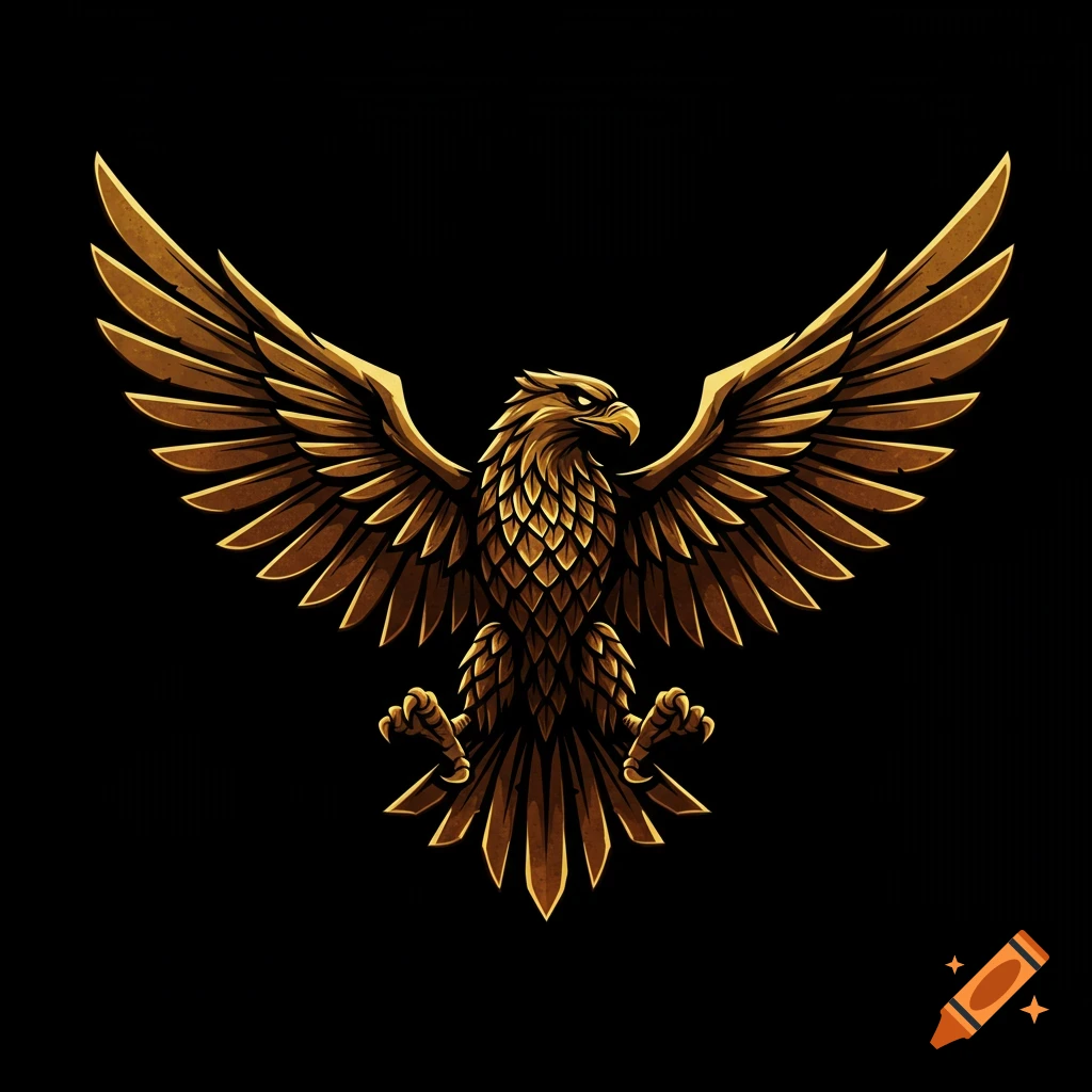 Stylized golden eagle emblem with outstretched wings against a black background.