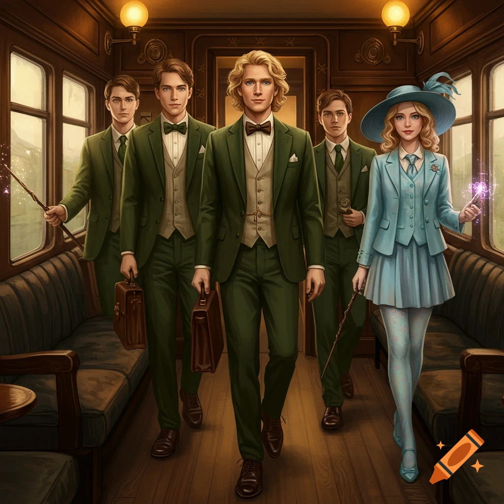 Five well-dressed individuals, four men in green suits and one woman in a light blue suit and hat, walk through a train compartment, some holding wands with magical sparks.