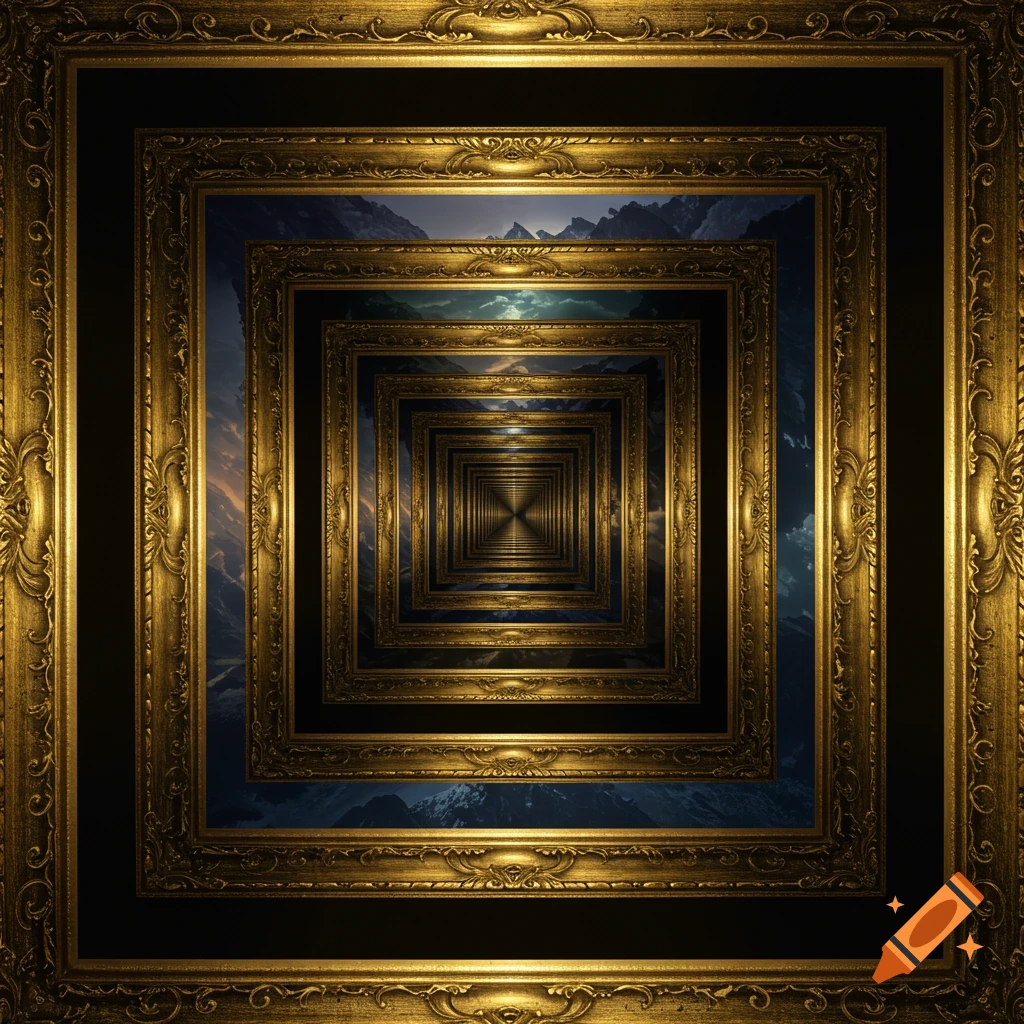 An infinite series of ornate golden picture frames, each framing a mountain landscape, creating a tunnel effect.