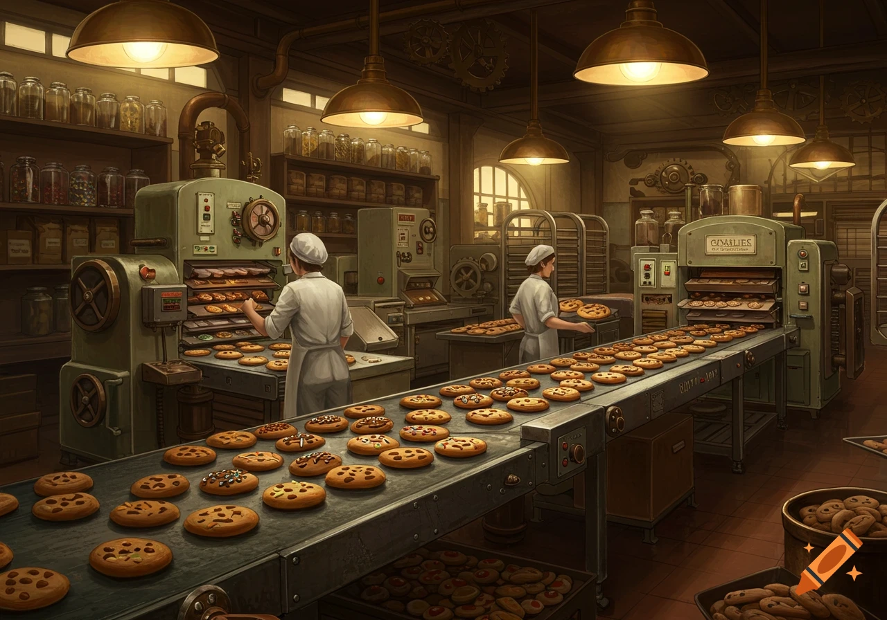 A bustling cookie factory with two workers operating conveyor belts full of cookies, under warm industrial lighting.