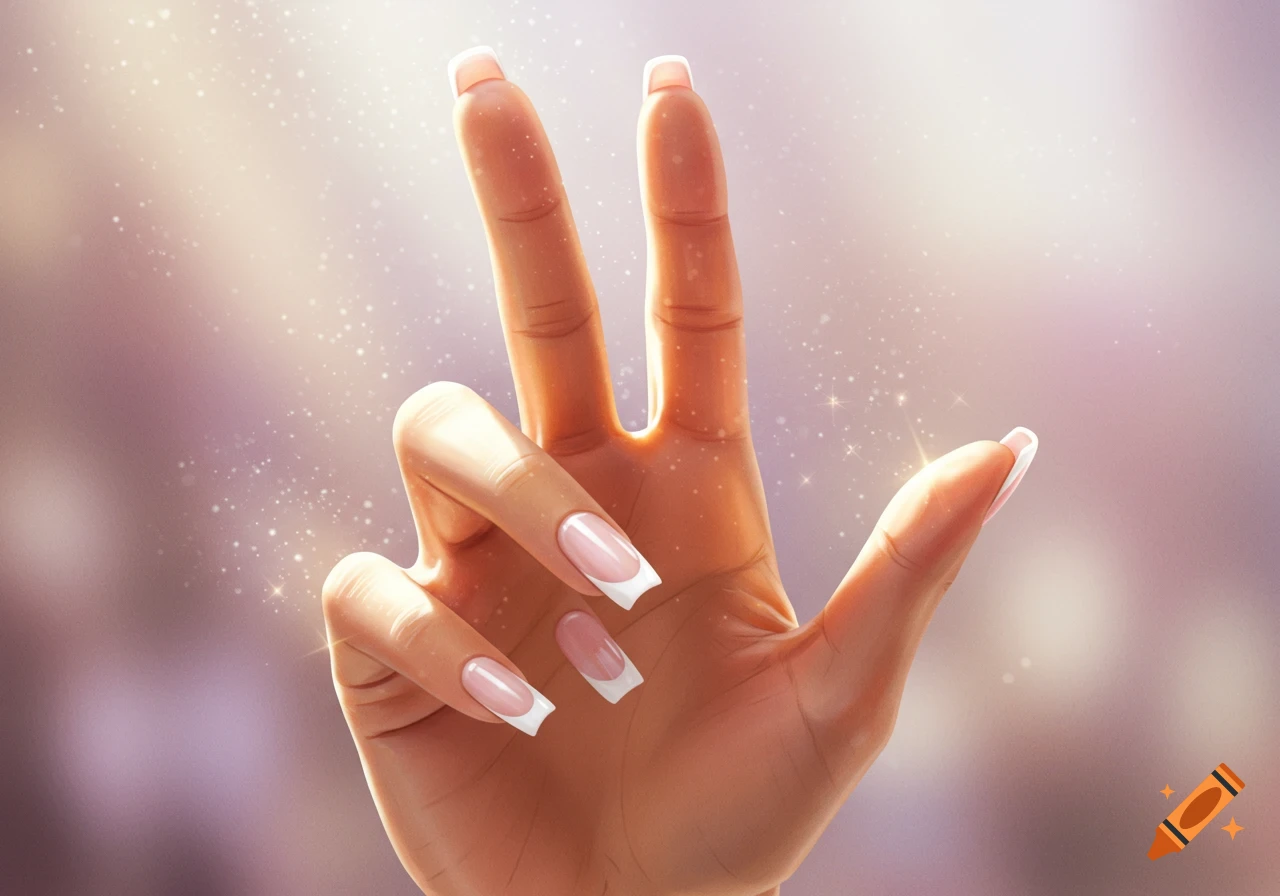A female hand with square french manicure nails makes a peace sign against a sparkling, softly lit background.