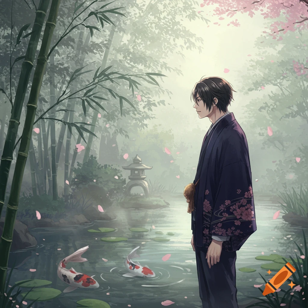 A man in a traditional kimono stands by a pond with koi fish in a misty bamboo garden with cherry blossoms, anime style.