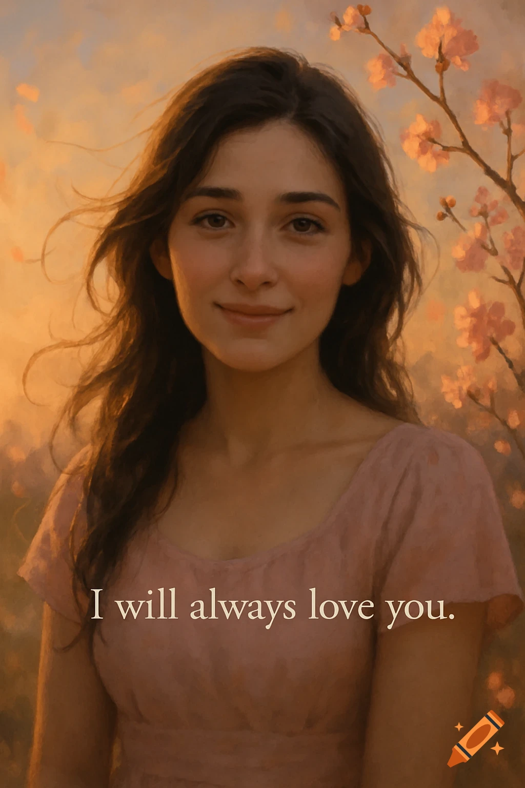 A woman with dark hair smiles gently, text 'I will always love you' on her dress, with cherry blossoms and a sunset background.