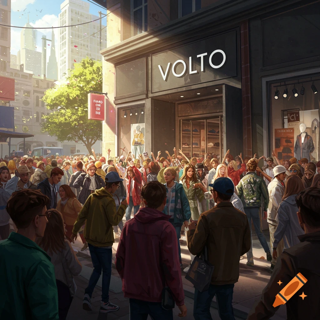 A bustling street scene with a large crowd of people gathered outside a modern clothing store named VOLTO, under a sunny sky.