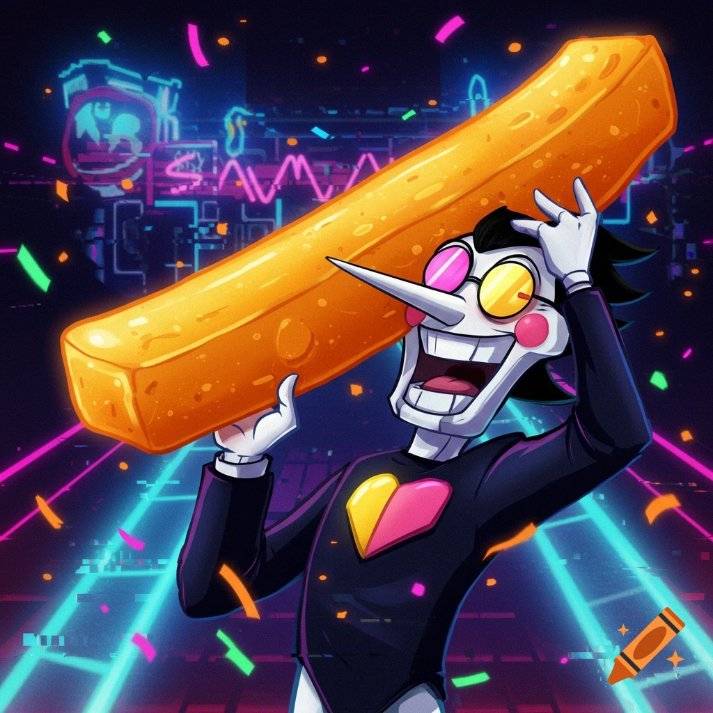 The Deltarune character Spamton grins while holding a comically large french fry in a neon cityscape.