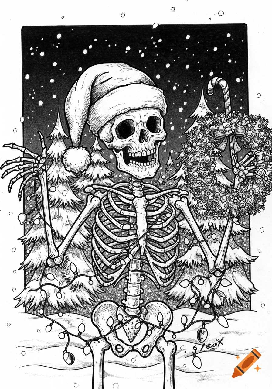 Black and white illustration of a skeleton wearing a Santa hat, holding Christmas lights and a festive wreath in a snowy winter forest.