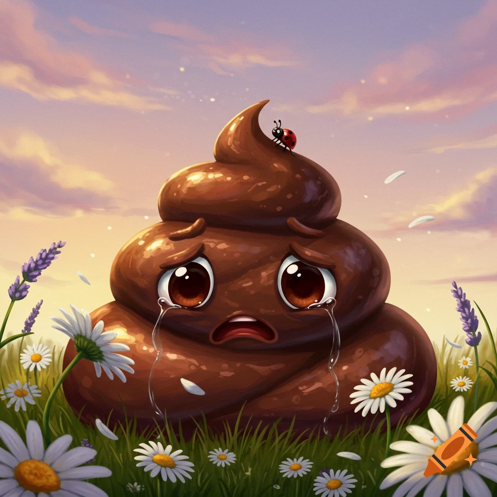 A crying, cartoonish poop character with a ladybug on its head, surrounded by daisies and lavender in a field at sunset.