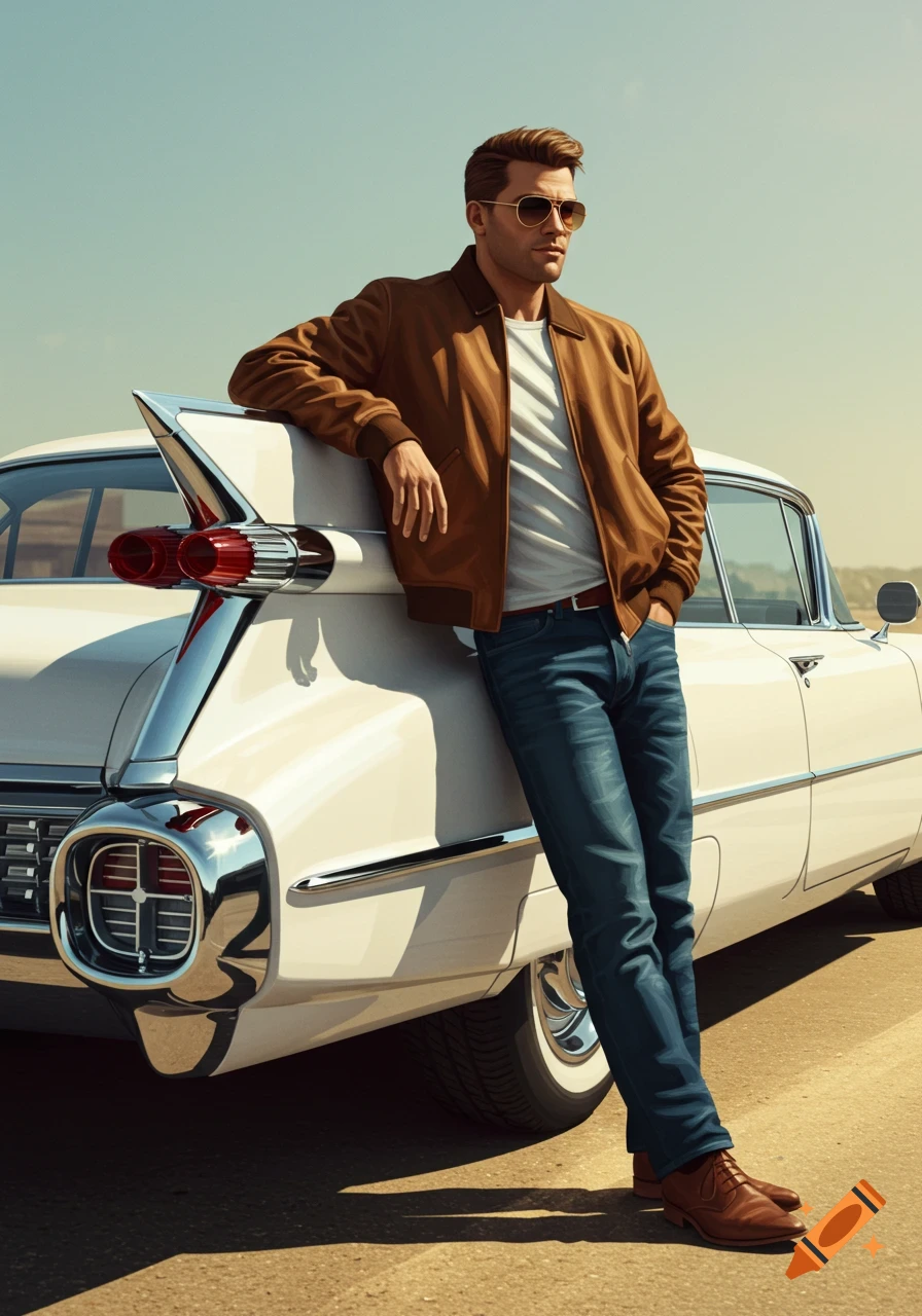A man in a brown bomber jacket, white shirt, and jeans, wearing sunglasses, leans casually against the back of a white 1959 Cadillac.