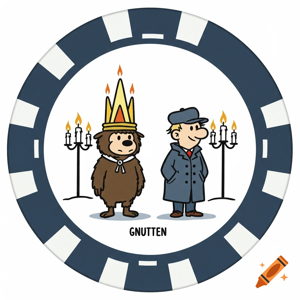 Cartoon illustration on a poker chip, featuring a brown furry creature in a crown and a man in a coat, with two candelabras. Text 'GNUTTEN'.
