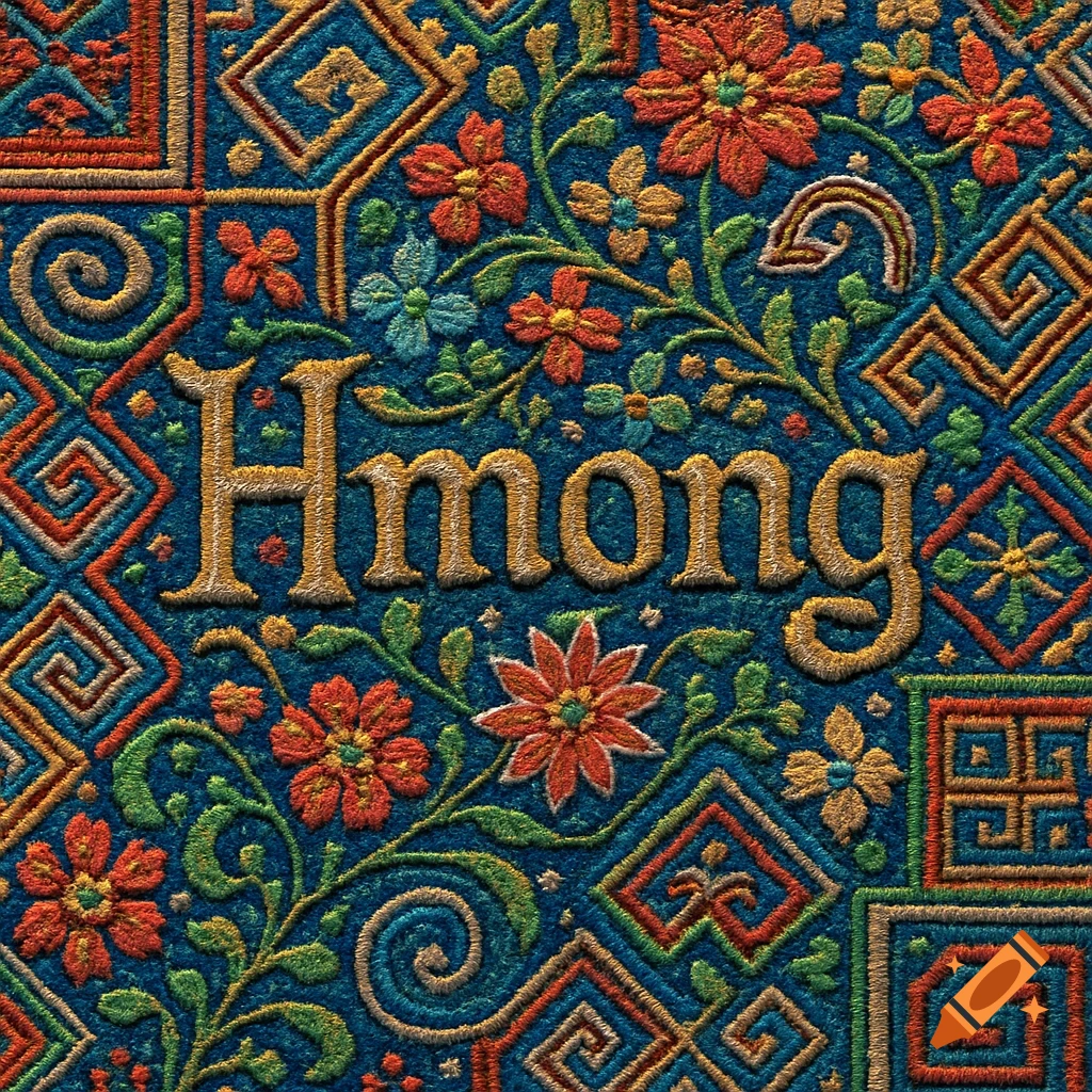 Detailed Hmong embroidery pattern in blue, red, orange, and green, featuring the word 'Hmong' in gold thread.