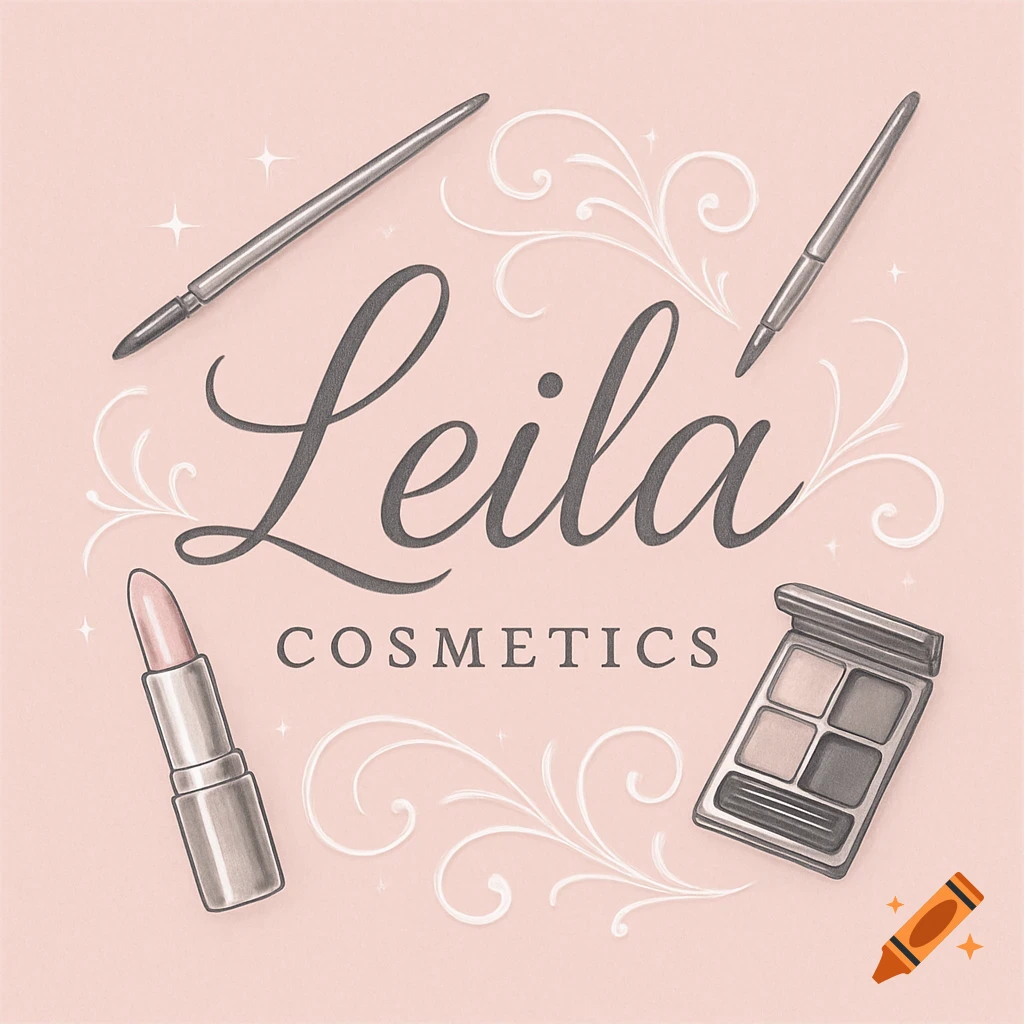 A pink cosmetic logo featuring the name "Leila Cosmetics" in elegant script, surrounded by a lipstick, two makeup brushes, and an eyeshadow palette, with decorative white swirls.