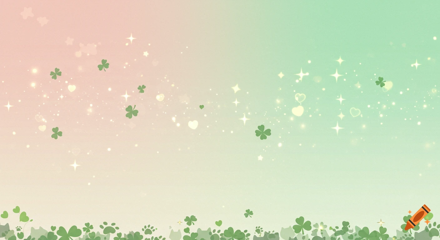 A soft pastel gradient background from pink to mint green with floating clovers, sparkling hearts, stars, and cat paw prints along the bottom.