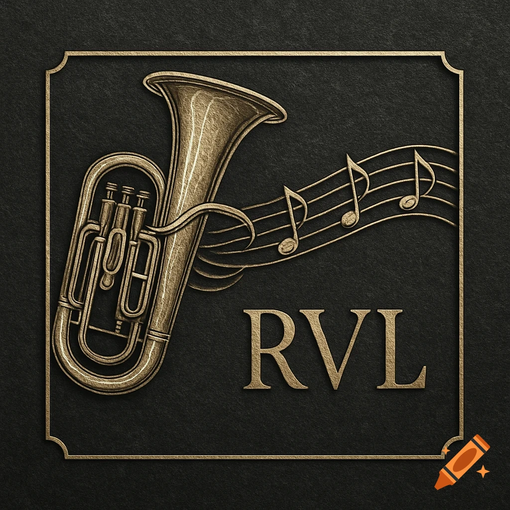 A bronze-toned engraved tuba, music staff with notes, and the initials RVL within a decorative border on a dark, textured background.