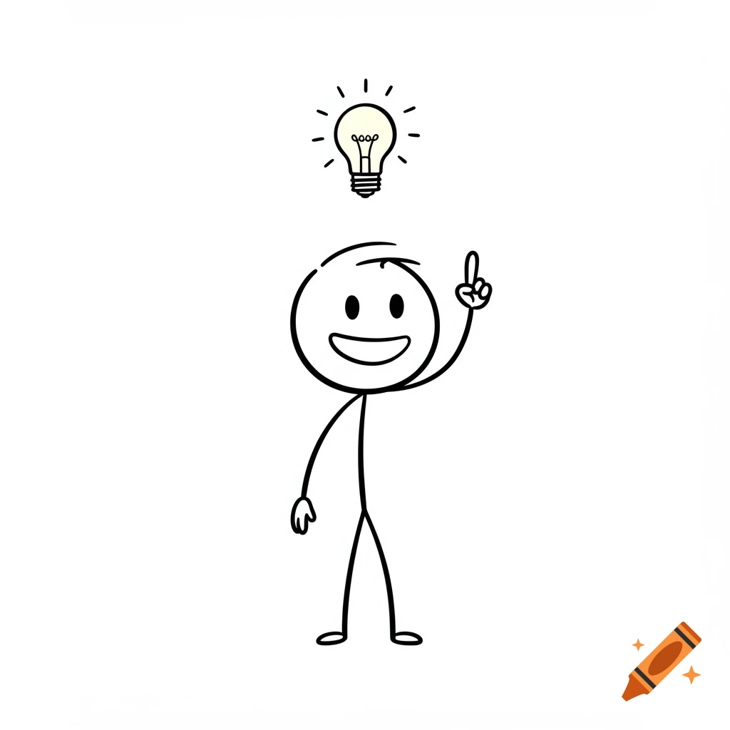 A happy stick figure with a raised finger and a glowing light bulb above its head, representing an idea.
