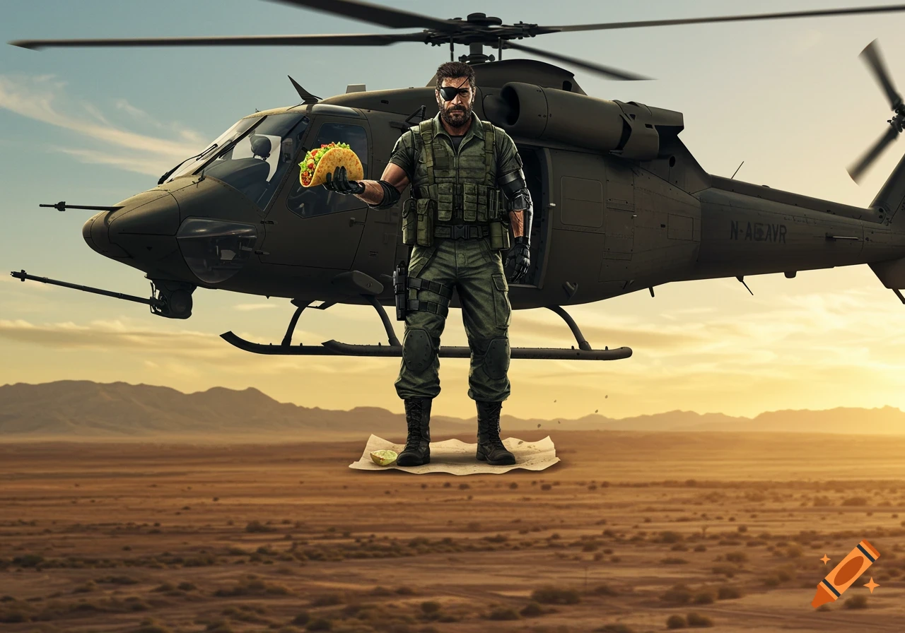 MGSV's Big Boss in military fatigues stands on a piece of paper, holding a taco in front of a helicopter in a desert at sunset.