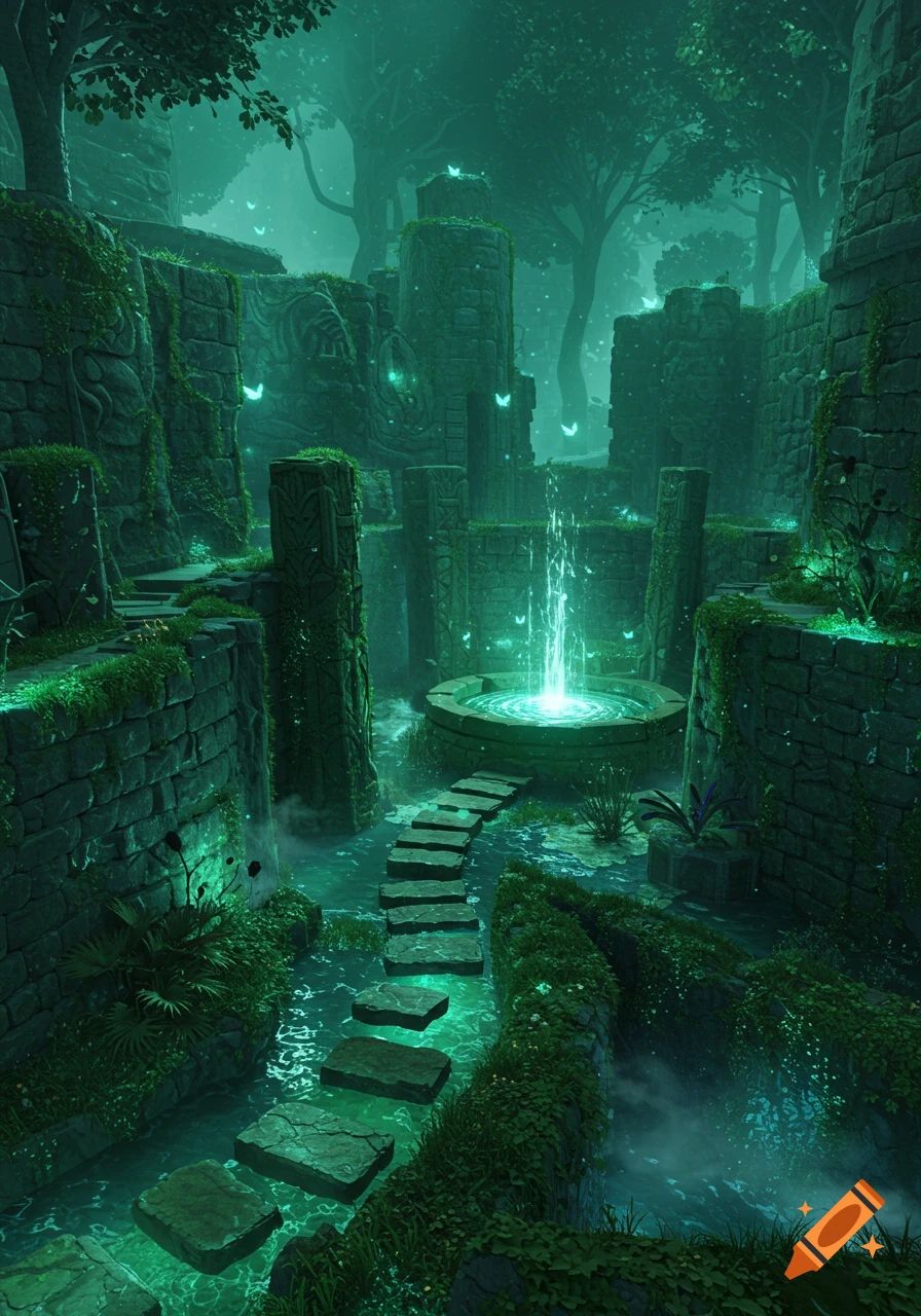 An ancient, moss-covered stone labyrinth with glowing teal water, glowing butterflies, and ethereal mist under a dark, leafy forest canopy.