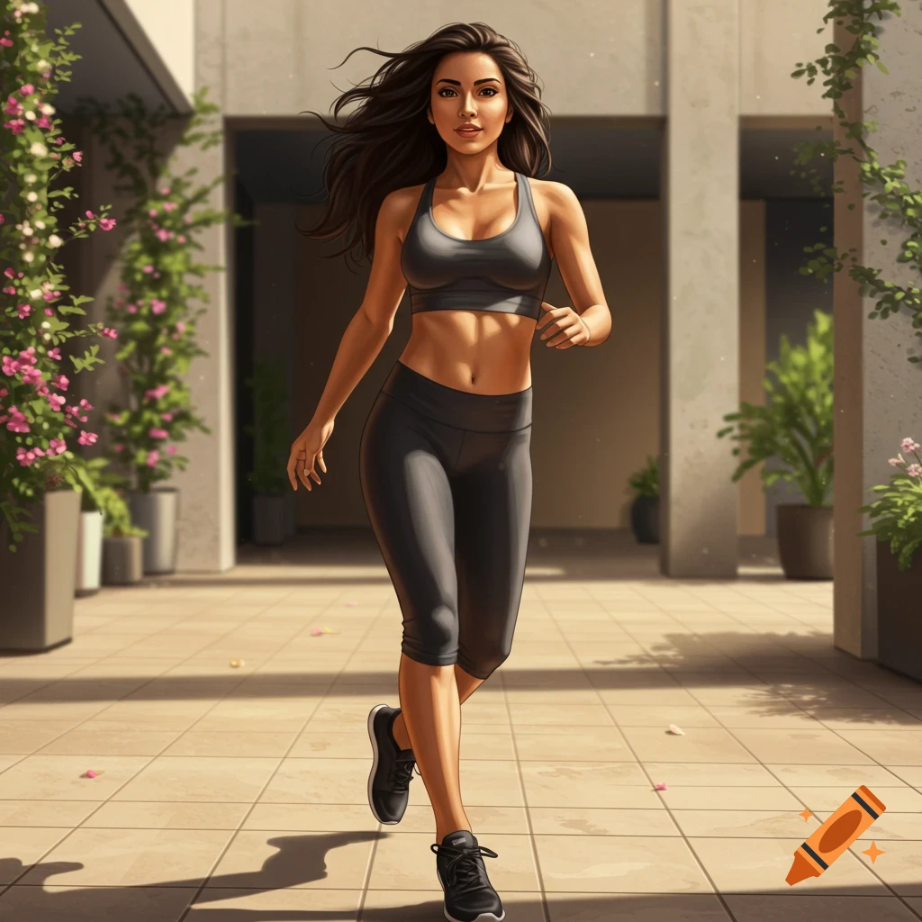 A fit woman with long dark hair, wearing a grey sports bra and capri leggings, runs down a tiled outdoor pathway.