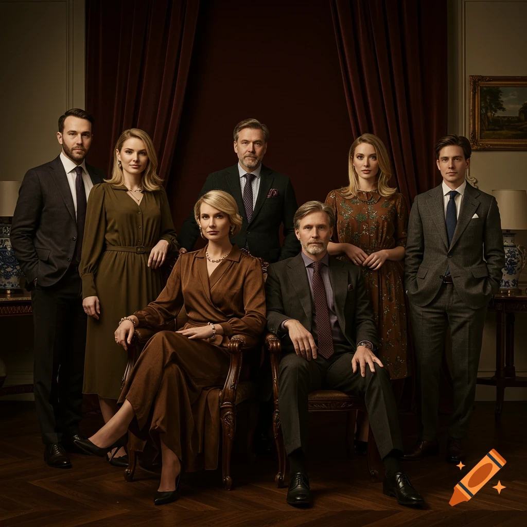 Formal portrait of six elegantly dressed adults, three men and three women, in a classic, dimly lit room.
