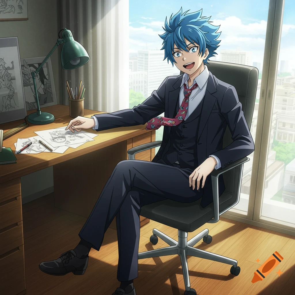 An anime boy with blue hair in a suit sits smiling at a desk, pointing at drawings, with a city view outside the window.
