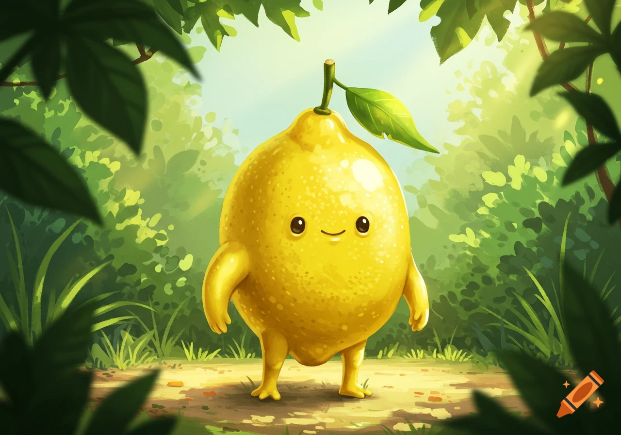 A cute, smiling anthropomorphic lemon character with small arms and legs stands on a dirt path in a lush, green forest illustration.