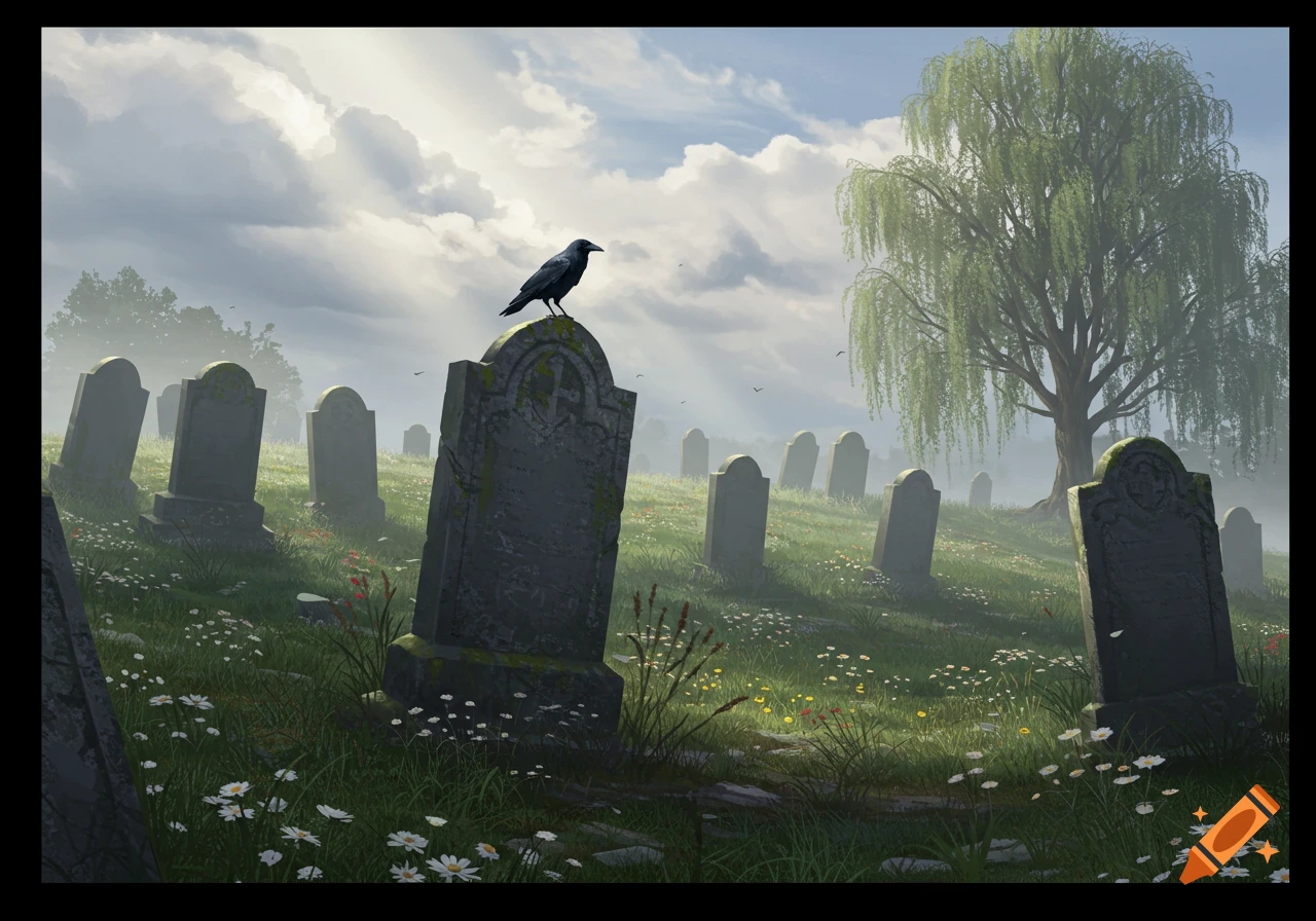 A crow sits atop a mossy tombstone in a sunlit graveyard with a weeping willow tree and wildflowers, in a fantasy art style.