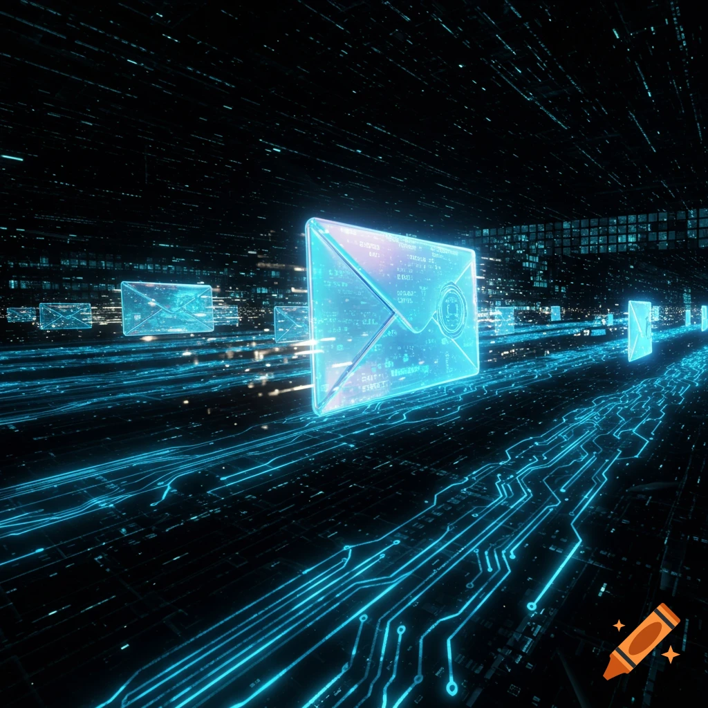 Glowing blue digital envelopes and data streams travel along circuit board-like light trails in a dark, futuristic environment.