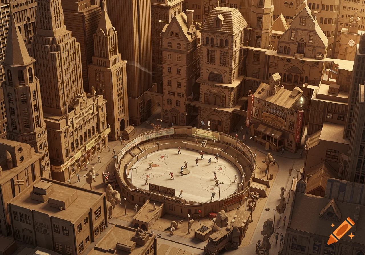 An aerial view of a city crafted entirely from cardboard, featuring a large circular ice skating rink in the center surrounded by tall skyscrapers and winding alleyways.
